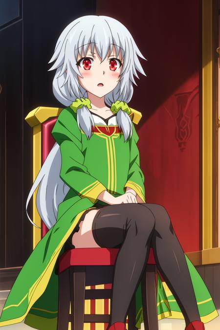 lonti, 1girl, solo, long_hair, looking_at_viewer, blush, open_mouth, hair_ornament, red_eyes, dress, braid, grey_hair, indoors, scrunchie, hair_scrunchie, sitting, throne, green_dress, black_stockings