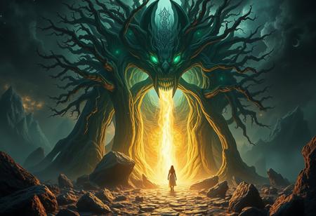 BEHOLD moblin, A universe inside a universe within mysteriously unknowable known in an unfathomable realm of fantastic creation inhabited by ancient shadows of a forgotten time beyond the gate of the gateless gate where life is limitless, light is shadow and shadow is light, eerie sense, horror, spark of the beginning, existence and nonexistence at once, ethereal, behold the end of the beginning, inglorious glory to the dark one, betrayal of the ancient order, beware 7headed beast, destroyer of old ways, bearer of unbearable, nightmarish, archaic runes, tree aging backwards, breath of gods, ruins of a place unimagined, extreme intricate detail, photorealistic, beyond epic scene, fate discarded, unseeable face of god, the end is the beginning, the beginning is the end, man arises as god dies, as above so below, as below so above, emerald tablet, thoth, guardian and saboteur of existence, hopeless hope, ghosts of the unborn, conception of the inconceivable, cosmic well of imperceptible perception, evil aura, infinite emptiness, pillars of void, overwhelming subtlety, abstract sacred geometry, beams of readiness without intention, gift of doom, despair of the ages, hidden secret warnings from dead gods, carved by the conductor of unholy loneliness of time incarnate, consumed by the night itself, beautiful tragedy of hellish discovery, unraveling mist of unreal reality, philosophers stone, proclaim the nameless name of collapsed eternity, infernal maleficium, center of unfound