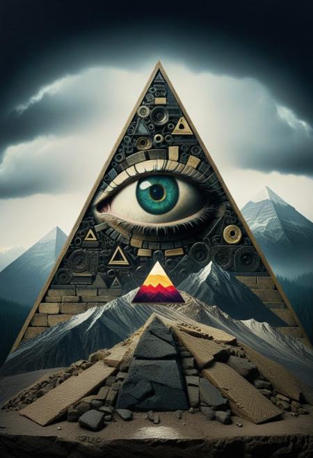 mountain, surreal,  double exposure, dark and moody ,colored all seeing eye pyramid  made of ral-frntrprtz, film grain,high quality,  dramatic ,poster