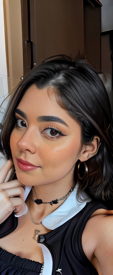<lora:lyndaparraV2-15:1> a  woman , woman in a casual suit, taking a selfie, with black hair, pretty face , 25 years old