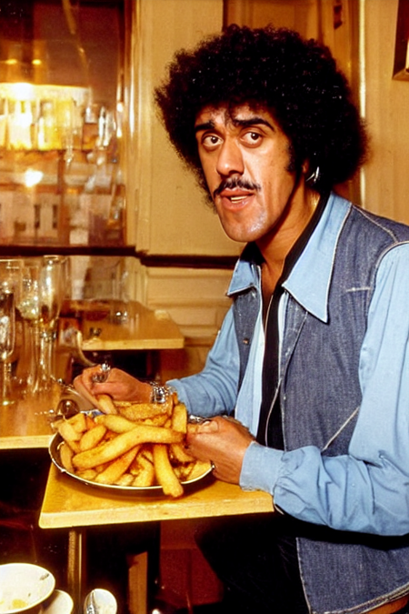 photograph_(ThinLizzy, TLPhil) , having fish and chips in london pub, detailed glossy eyes looking at viewer, visible skin pores, warm lighting, colored signs, depth of field, <lora:TLPhil:1>