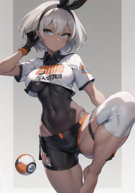 <lora:bea:0.7>, bea,1girl, solo, breasts, looking at viewer, short hair, bangs, blue eyes, shirt, gloves, holding, short sleeves, grey hair, hairband, parted lips, shorts, collared shirt, dark skin, feet, dark-skinned female, grey eyes, bodysuit, covered navel, toes, soles, black hairband, wristband, single glove, poke ball, black bodysuit, tied shirt, knee pads, print shirt, bodysuit under clothes, dynamax band, print shorts,