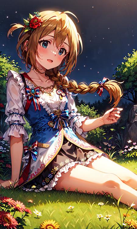 konomi baba \(million live\), (best quality, 8K, masterpiece, ultra detailed:1.2), wide shot, depth of field,
night, gredient sky, starry sky, beautiful clouds, constellation, grassland, wildflowers, surreal colors, glowing foliage, otherworldly atmosphere, cobblestone streets,
1girl, solo, single braid, side braid, hair over shoulder, hair flower on braid,cinematic angle, collarbone, ribbon, floating hair, (from behind:1.3), full body, sitting,