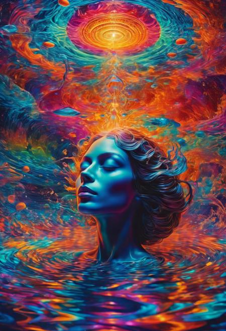 An ethereal goddess submerged in a psychedelic dream photography, Trippy , neon lights, kaleidoscopic effects, floating in a sea of melting colors, inspired by Alex Grey's visionary photoshoot, mesmerizing aura, hyper-realism, highly detailed, and high-resolution 16k