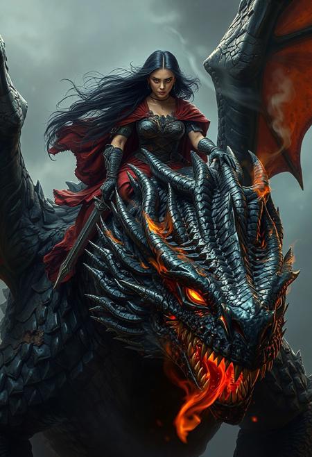 Create an epic fantasy scene featuring a fierce warrior woman riding on top of an  enormous, terrifying winged dragon. The warrior should have long, flowing black hair, and her attire must be an intricate mix of dark armor and crimson robes, blending strength and elegance. Her expression is one of determination and power, with piercing eyes that seem to glow with a supernatural intensity.
The dragon under her, a monstrous, armored creature covered in dark, glossy scales that shimmer in the low, ominous light. Its scales are jagged and rough, like volcanic rock, adding to its fearsome appearance. Its massive head is lowered, with glowing, fiery eyes locked on its foe. The dragon's mouth is open wide, revealing rows of razor-sharp teeth, and molten fire spills from its maw, swirling into the air as if about to unleash a deadly flame attack. The dragon's nostrils flare, and smoke billows from them, adding to the dangerous atmosphere.