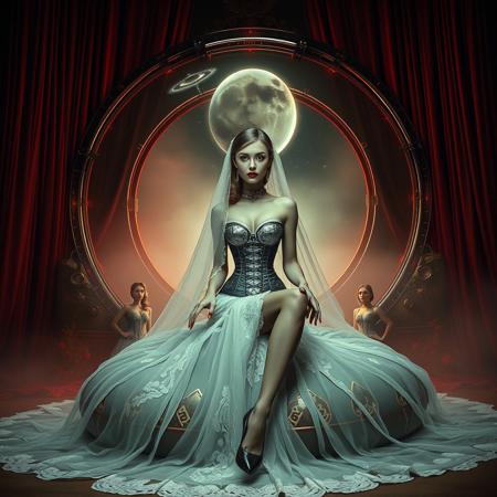 tall slender elegant slavic  bride  sit  at weird giant round mirror  pillow under dimension portal to another galaxy , slave  collar, dressed in sexy foil corset, long veil, pefect legs in lace trim stockings and d'orsay high heels, small feets, surrounded by abducted bridemaids  at  background, fishnet curtains, fog, mirrors, hi-tech, sci-fi, scifi, mind control, steel, foil, hypno, romance, poison, lipstick, long hair, heavy makeup, 1950s hairstyle, red nails, long hair, green eyes, sharp cheekbones, ultra thin waist , seductive, feminine, mysterious, alien spaceship, space, radiating, laser, dramatic dark red lighting, darkness, corset, negligee, lace, seduce, alluring, vines, poison red flowers