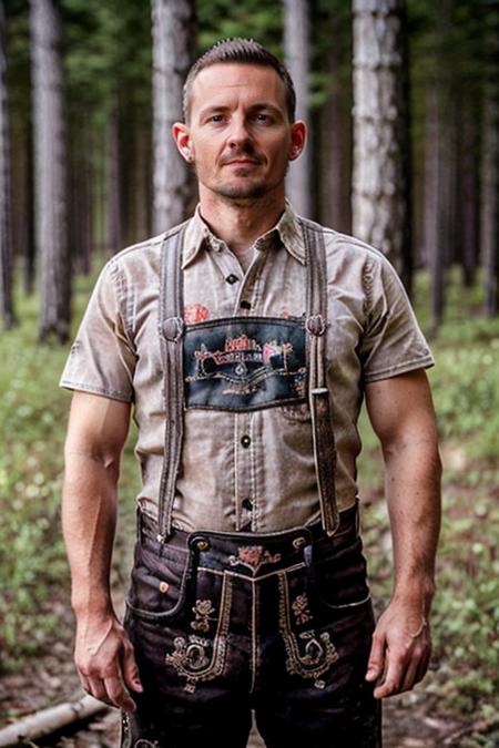 cinematic photo,  chester wearing a lederhosen and crosspiece with Iris colored shirt , in  Dry Conifer Forest, 35mm photograph, film, bokeh, professional, 4k, highly detailed <lora:Lederhosen-v1:.7> <lora:epiCRealismHelper:.7>  <lora:PewDiePie_vng:1> <lora:chester:.4>