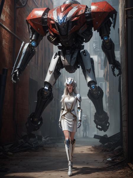 (masterpiece), (best quality),photorealistic, 8k raw photo,ultra high res,1girl,full body,white european,fashion model,50% constract,standing aside,square face,long white hair,heavy makeup,super model,long leg
(red dress), robot,glowing
jiqinvhai,huge robot, mecha, 
mecha musume,mechanical parts,robot joints,headgear,full armor
detailed skin,solo,
film grain,