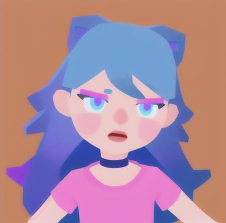 <lora:getaisoft3d:0.7>,solo,soft art style, 1girl, solo, long hair, blush, open mouth, blue eyes, shirt, blue hair, purple eyes, upper body, purple hair, short sleeves, choker, pink shirt,