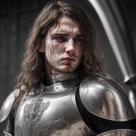 a knight with several scars on his face, wavy hair, french man, uneven and imperfect skin, skin imperfections, messy skin, 28 yo, recovering from pain, scorched, sores and scars, pores, wrinkles, blood and dust in the air, a man with a lot of frothy skin on his face, looks angry (sad:0.5) and solemn, wearing shining silver heavy plate armor with details of angels, digital art, hyperdetailed, subsurface scattering, Soft Diffuse Lighting, fine details,  intricate, elegant, digital art, highly detailed, soft lighting, high quality