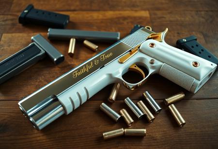 A gun is lying flat on a wooden table, it is a pure white chrome-finished Colt 1911 full-size handgun with "Faithful & True" engraved in elegant font along the slide of the pistol. The grips are beautiful pearl white, and the the gun has gold accents on all the buttons and levers. The pistol is surrounded by spare mags and several extra .45 ACP ammunition rounds littered across the table. View from above, high angle view, cinematic, weapon, indoors, signature, blurry, gun, mirror finish, chrome finish, reflections, beautiful reflections, highly detailed reflections, reflective finish, ((close-up on Gun)), no humans, depth of field, blurry background, handgun, action film style, shallow depth of field, vignette, highly detailed, high budget, bokeh, cinemascope, moody, epic, gorgeous, film grain, grainy