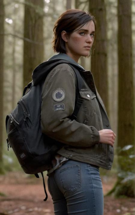 photo of ohxw, ellie, tattoo on left arm,  jacket and jeans standing, backpack,  short hair, face details, forest, low key lighting, eye level, <lora:2ellie-000003:1>