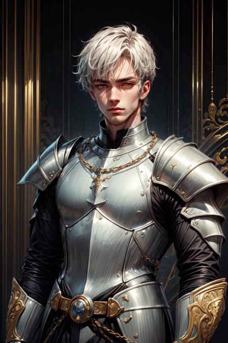 (masterpiece, best quality:1.4), (beautiful, aesthetic, perfect, delicate, intricate:1.2),(absurdres, highres, ultra detailed), 1 male, adult, handsome, tall muscular guy, broad shoulders, finely detailed eyes and detailed face, knight, silver armor, muscles, short hair, yellow eyes, gold chain, cool, stoic, winter night,<lora:add_detail:0.7>, <lyco:GPTS4 dreamwave full_478773:0.5> <lora:more_details:0.6>,<lyco:GoodHands-beta2:0.5>,