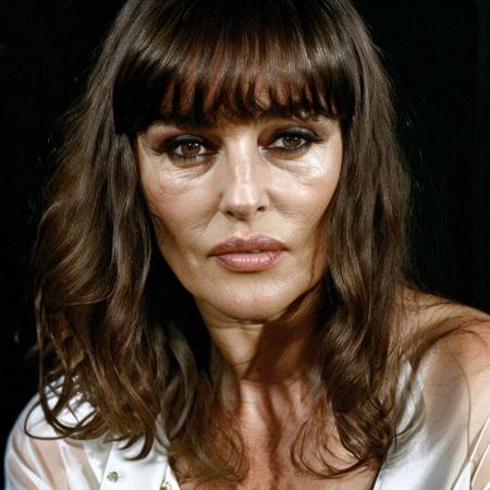 candid RAW portrait proffesional photograph of  monicabellucci woman, (long hair) , (bangs haircut) woman in a (dark studio:1.5),   face close up ,(rim lighting:1.4) two tone lighting, sharp focus, octane, unreal, dimly lit, low key, Fujifilm Fujichrome Provia 100F film <lora:epiNoiseoffset_v2:1>    <lora:monicabellucci:1> black background