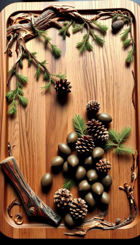 masterpiece of photography, dyanimic framing, an incredible image,The wooden platter is a stunning work of art, crafted from smooth, polished pine wood with intricate carvings depicting a forest scene. The surface is adorned with delicate sprigs of fresh pine boughs, their leaves fanning out in soft green curls.  Nestled among them are clusters of fragrant pine needles, adding to the aromatic experience. Scattered artfully across the platter are an assortment of glistening pinecones, each one a perfect representation of nature's beauty. The combination creates a harmonious blend of form and function, elevating the meal into a true sensory delight.,