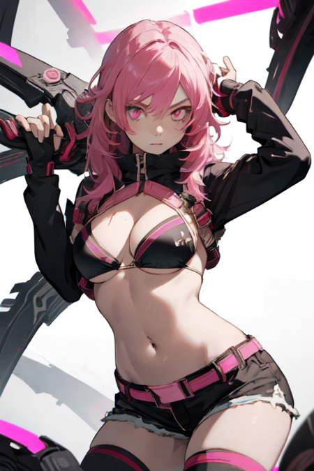 AliceTwilight, 1girl, solo, long hair, navel, cleavage, pink hair, bikini, red eyes, thighhighs, medium breasts, bikini top only, shorts, pink eyes, 