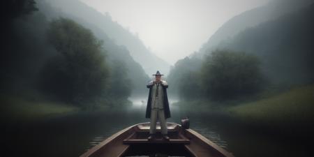 <lora:15MovingMeditations:1>meditation scene: a man standing on a boat in a lake