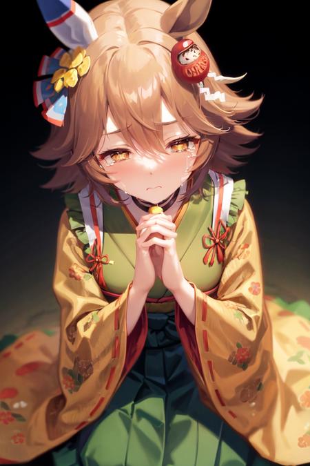 masterpiece, best quality,
matikanefukukitaru \(umamusume\),
black background,
sad, tears, praying, closed eyes, wariza, facing viewer, from above,
own hands together, interlocked fingers, own hands clasped,
official alternate costume, hair flower, choker, frilled sleeves, wide sleeves, long sleeves, frills, japanese clothes, green kimono, floral print, hakama, green kimono, sash, obi, shide, yellow skirt, plaid skirt,
<lora:matikanefukukitaru_loha:0.8>