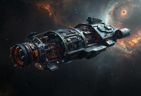 hyperrealistic, spaceship, A huge starship with a cut-away view showing cockpit, pistons and led's and circuit boards and motors, galactic nebula background