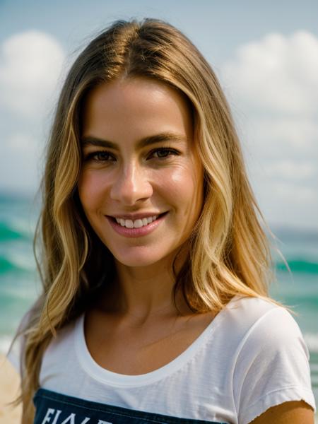 Realistic photo of a beautiful s0f14v-v2 woman, 1girl, solo, long hair, looking at viewer, smile, (((blonde hair))), white t-shirt, brown eyes, upper body, outdoors, sky, teeth, day, water, grin, ocean, beach, realistic, sand, soft lighting, professional Photography, Photorealistic, detailed, RAW, analog, sharp focus, 8k, HD, DSLR, high quality, Fujifilm XT3, film grain, masterpiece<lora:s0f14v-v2:1.0>