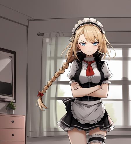 <lora:G36Normal:1>,solo,g36normal,1girl,bedroom,blond hair,braid,blue eyes,maid,braided ponytail,vest,maid headdress,neckerchief,thigh strap,sidelocks,tsurime,(angry eyes:0.7),frills,crossed arms