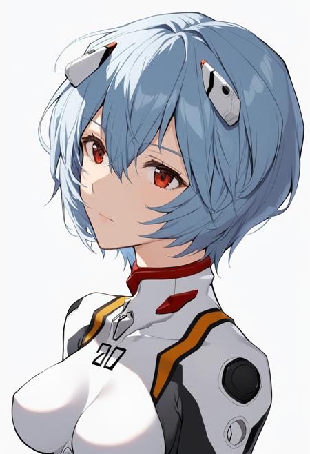 1girl, ayanami rei, solo, red eyes, plugsuit, short hair, blue hair, breasts, bodysuit, upper body, white background, white bodysuit, simple background, interface headset, bangs, closed mouth, hair between eyes, medium breasts, medium quality, late, <lora:char - ayanami rei - v1 - bionagato:1>