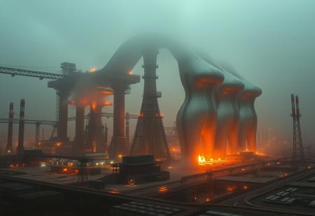 bleak industrial landscape, smog, megastructure, impossible architecture, nightmare landscape, industrial factory, fire, furnace, architecture shaped like female anatomy, building shaped like a female body, line up of gigantic female-shaped buildings,