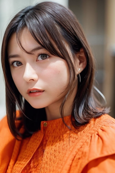 1girl,(wearing an orange blouse),(RAW photo, best quality), (realistic, photo-realistic:1.4), masterpiece, an extremely delicate and beautiful, extremely detailed, 2k wallpaper, Amazing, finely detail, extremely detailed CG unity 8k wallpaper, ultra-detailed, highres, soft light, beautiful detailed girl, extremely detailed eyes and face, beautiful detailed nose, beautiful detailed eyes,cinematic lighting,city lights at night,perfect anatomy,