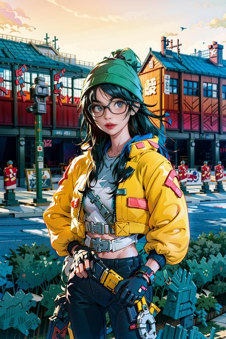 1girl, killjoy \(valorant\), cosplay, valorant, yellow jacket, glasses, gloves, green beanie, solo, upper body, outdoors, noon, streets, sunshine, standing, beautiful face, (cowboy shot), 8k, hdr, ultra highres, masterpiece,(realistic), highly detailed CG unified 8K wallpapers, (HQ skin:1.2),8k uhd, dslr, high quality, beautiful skin, attractive, ultra-high resolution, ultra-realistic, high-definition, close-up, dynamic pose, looking at viewer, <lora:KilljoyCosplay_LoRA:0.8>,