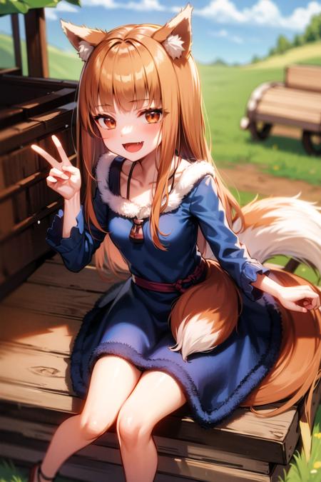 <lora:holo:0.9>, holo, masterpiece, best quality, absurdres, 1girl, looking at viewer, sitting, carriage, wagon, outdoors, neck pouch, from above, open mouth, fang, smile, slender, blue dress, fur dress, black skirt