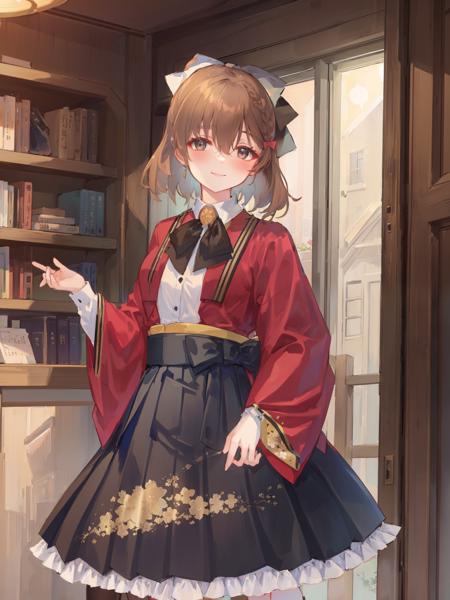 asahi \(kancolle\), 1girl, solo, skirt, bow, shirt, looking at viewer, white shirt, black skirt, long sleeves, indoors, smile, japanese clothes, bangs, wide sleeves, blush, red jacket, floral print, hair between eyes, day, bookshelf, desk, collared shirt, kimono, breasts, white bow, blurry, closed mouth, medium hair, pleated skirt, standing, hakama, jacket, open clothes, black hakama, red bow, dress shirt, cowboy shot, original, intricate detail, illustration, masterpiece, extremely detailed CG unity 8k wallpaper, highlight, sharpening, dynamic, <lora:Asahi:0.8>,