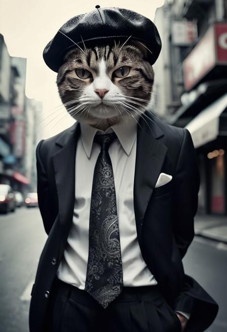 film poster of a 18's cat ((gangster)), beret, costume, tie,  film grain, hight quality, details, depth blur, dramatic atmosphere, big head, 18's street background