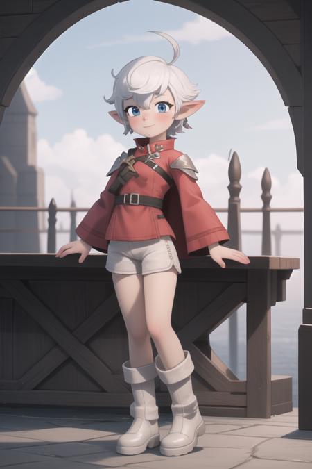 <lora:KoalaEngine:1> KoalaEngine, 1girl, solo, masterpiece; looking at viewer, blushing, shy smile;  <lora:AlisaieLeveilleurFinalFantasy6:0.8> alisaie leveilleur (final fantasy), alisaie, red coat, white shorts, white boots