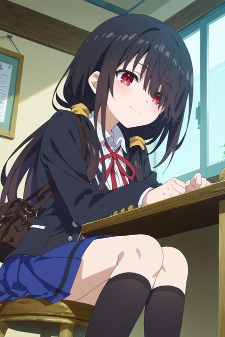 1girl,solo,kurumi tokisaki,long hair,twintails,smile,dress,heterochromia,yellow eyes,looking at viewers,clock eyes ,symbol-shaped pupils,hairband 1girl,solo,kurumi tokisaki,school uniform, long hair, skirt, black hair, red eyes, ribbon,jacket, pleated skirt, bag, hair over one eye