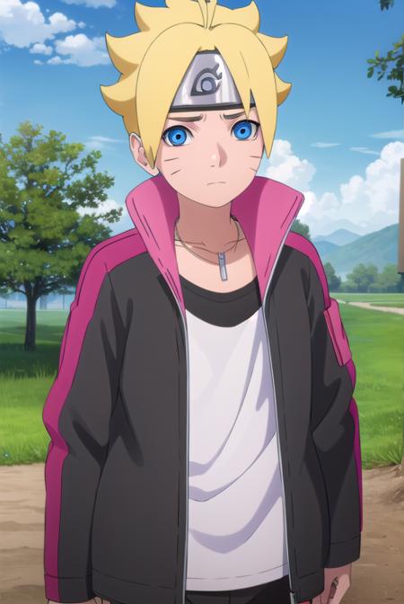 borutouzumaki, <lora:boruto uzumaki-lora-nochekaiser:1>,
boruto uzumaki, short hair, blue eyes, blonde hair, male focus, facial mark, spiked hair, whisker markings, forehead protector,
BREAK shirt, long sleeves, jewelry, jacket, white shirt, open clothes, pants, necklace, open jacket, black jacket, black pants,
BREAK outdoors, forest, nature, trees, grass, sky, clouds, sun,
BREAK looking at viewer, (cowboy shot:1.5),
BREAK <lyco:GoodHands-beta2:1>, (masterpiece:1.2), best quality, high resolution, unity 8k wallpaper, (illustration:0.8), (beautiful detailed eyes:1.6), extremely detailed face, perfect lighting, extremely detailed CG, (perfect hands, perfect anatomy),