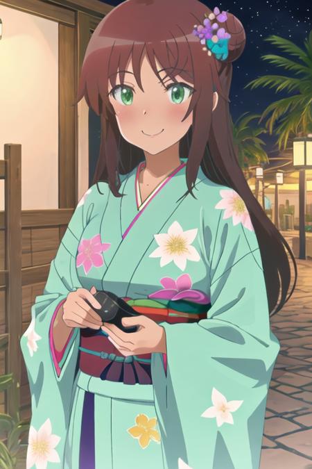 best quality, masterpiece, highres, solo, {kaneshiya_shitara_alicegearaegisexpansion:1.15}, long_hair, brown_hair, green_eyes, blush, 1girl, hair_bun, japanese_clothes, kimono, single_hair_bun, yukata, night, bangs, hair_ornament, palm_tree, smile, tree, closed_mouth, flower, hair_flower, outdoors, sidelocks, sky