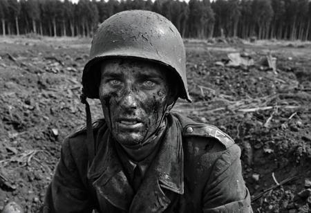 1 man, world war 2 soldier on the Eastern Front, (dying), (explosions), face in shadows, black and white, bright blue eyes, bloody face, bleeding out, exhausted, German Soldier, Stahlhelm helmet, muddy field, bleak landscape, last moments, <lora:Desolation:1.1>