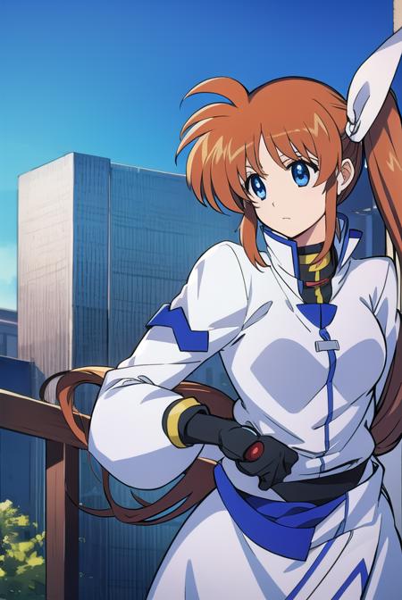 nanohatakamachi, <lora:nanohatakamachiv2-lora-nochekaiser:1>,
nanoha takamachi, (takamachi nanoha:1.5), long hair, blue eyes, brown hair, hair ribbon, (side ponytail:1.5), white ribbon,
BREAK magical girl, jacket, collar, puffy sleeves, long sleeves, white jacket,
BREAK looking at viewer, full body, upper body,
BREAK outdoors, city, sky,
BREAK <lyco:GoodHands-beta2:1>, (masterpiece:1.2), best quality, high resolution, unity 8k wallpaper, (illustration:0.8), (beautiful detailed eyes:1.6), extremely detailed face, perfect lighting, extremely detailed CG, (perfect hands, perfect anatomy),