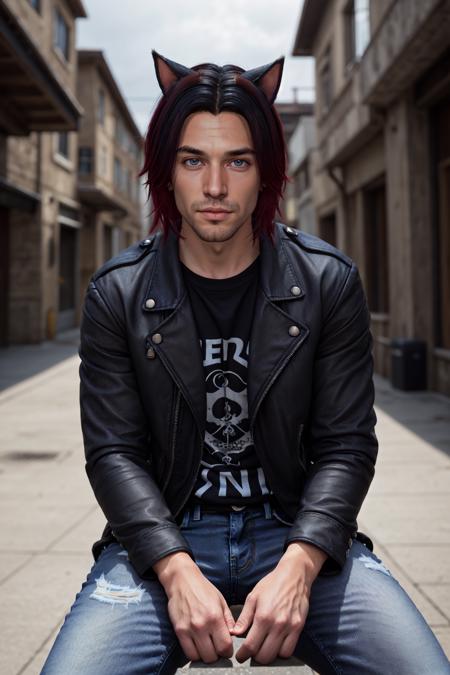 Chris_Xvoor,  1boy,  male focus,  solo,  looking at viewer, ,  blue eyes,  black hair,  animal ears,  sitting,  jacket,  red hair,  outdoors,  day,  pants,  cat ears,  blurry,  black jacket,  torn clothes,  blurry background,  denim,  jeans,  leather,  torn pants,  leather jacket,  torn jeans,  denim jacket,  upper body,  specular highlights,  detailed face,  detailed eyes,  detailed hair,  textured hair,  rim lighting,  extreme light and shadow,  masterpiece,  official art,  portrait, <lora:EMS-47371-EMS:0.500000>