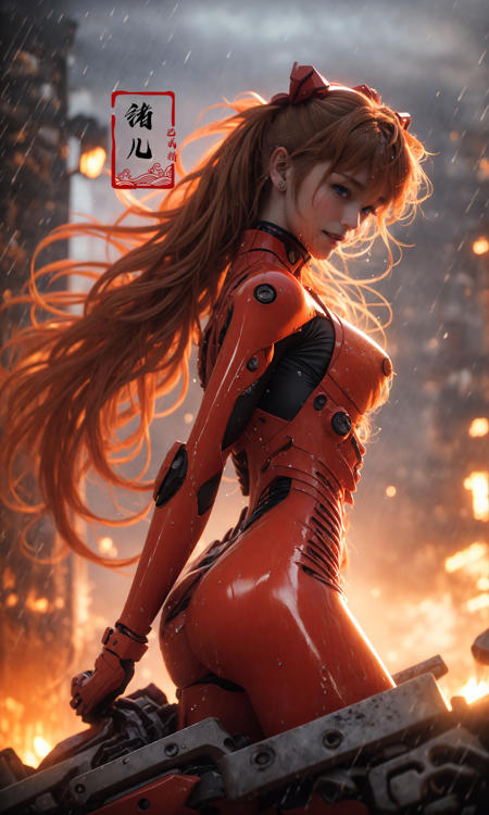 Epic CG masterpiece, Asuka Langley Soryu,hdr,dtm, full ha,8K, ultra detailed graphic tension, dynamic poses, stunning colors, 3D rendering, surrealism, cinematic lighting effects, realism, 00 renderer, super realistic, full - body photos, super vista, super wide Angle, HD
(Severe smog:1.1), (It's raining:1.3),Facing the audience,(Raising the weapon in hand:1.1),(messy hair:1.2), (Is attacking the audience with a weapon in hand:1.1), ( wet hair:1.4)(light anger:1.1), (More halos:1.5), (evil smile:1.1), (red ribbon),(Blood on face:0.8),
A shot with tension(sky glows red,Visual impact,giving the poster a dynamic and visually striking appearance:1.2),
<lora:~Q?-feAsuka Langley Soryu:0.8>