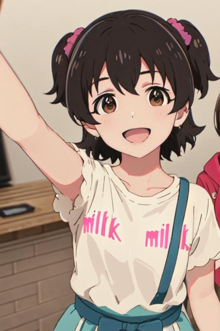 best quality, masterpiece, highres, solo, {akagi_miria_theidolmastercinderellagirlsu149:1.15}, short_hair, black_hair, brown_eyes, brown_hair, two_side_up, smile, open_mouth, upper_body, hair_ornament, 2girls, :d, looking_at_viewer, multiple_girls, reaching_towards_viewer, dress, selfie, solo_focus