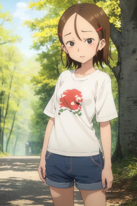 1girl, yukari_tenkawa, brown eyes, short hair, brown hair, hairclip, hair ornament, forehead, shirt, short pants, looking at viewer, forest <lora:yukari_tenkawa:0.7>