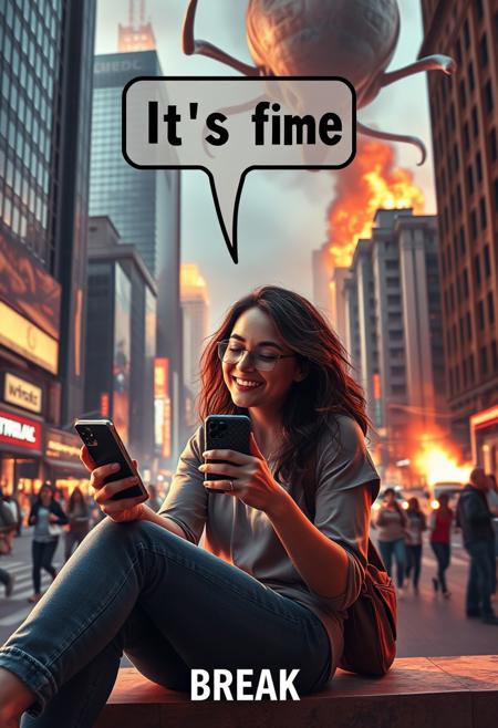woman sitting in city playing with phone with text bubble above her head saying "It's fine", relaxed, happy, aliens attacking, chaos around her, people running, buildings burning, dynamic angle, warm hues, realistic, photorealism, hd, 8k, high definition, BREAK, score_9, score_8_up, score_7_up, score_6_up,