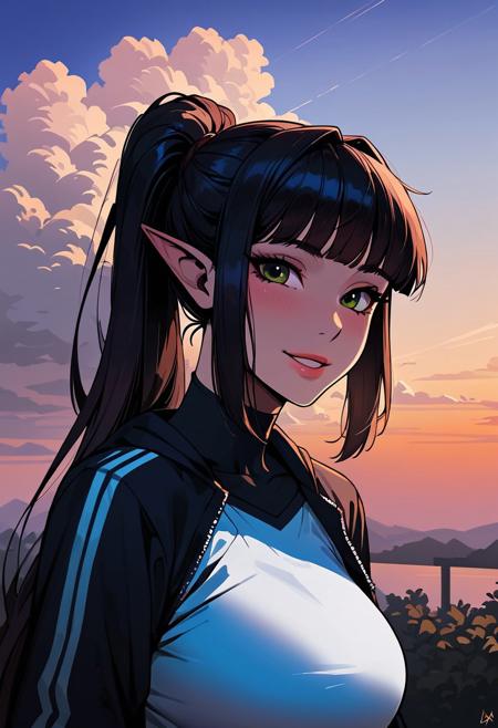 (zPDXL3), source_cartoon, (masterpiece), (high quality), high resolution, 4K, detailed face, perfect eyes,perfect green eyes, (perfect face), 1girl, young woman, (elf woman, Korean woman), (fair skin,very long wavy black hair, ponytail,bangs,very wide hips,slim thick, slim thick body), wearing cropped hoodie, wearing sports bra, wearing athletic micro shorts, dynamic angle,(close up angle,upper body focus), walking in a beautiful park, smiling,volumetric lighting, cinematic, vibrant, shadows, medium light, godrays, sunrise,