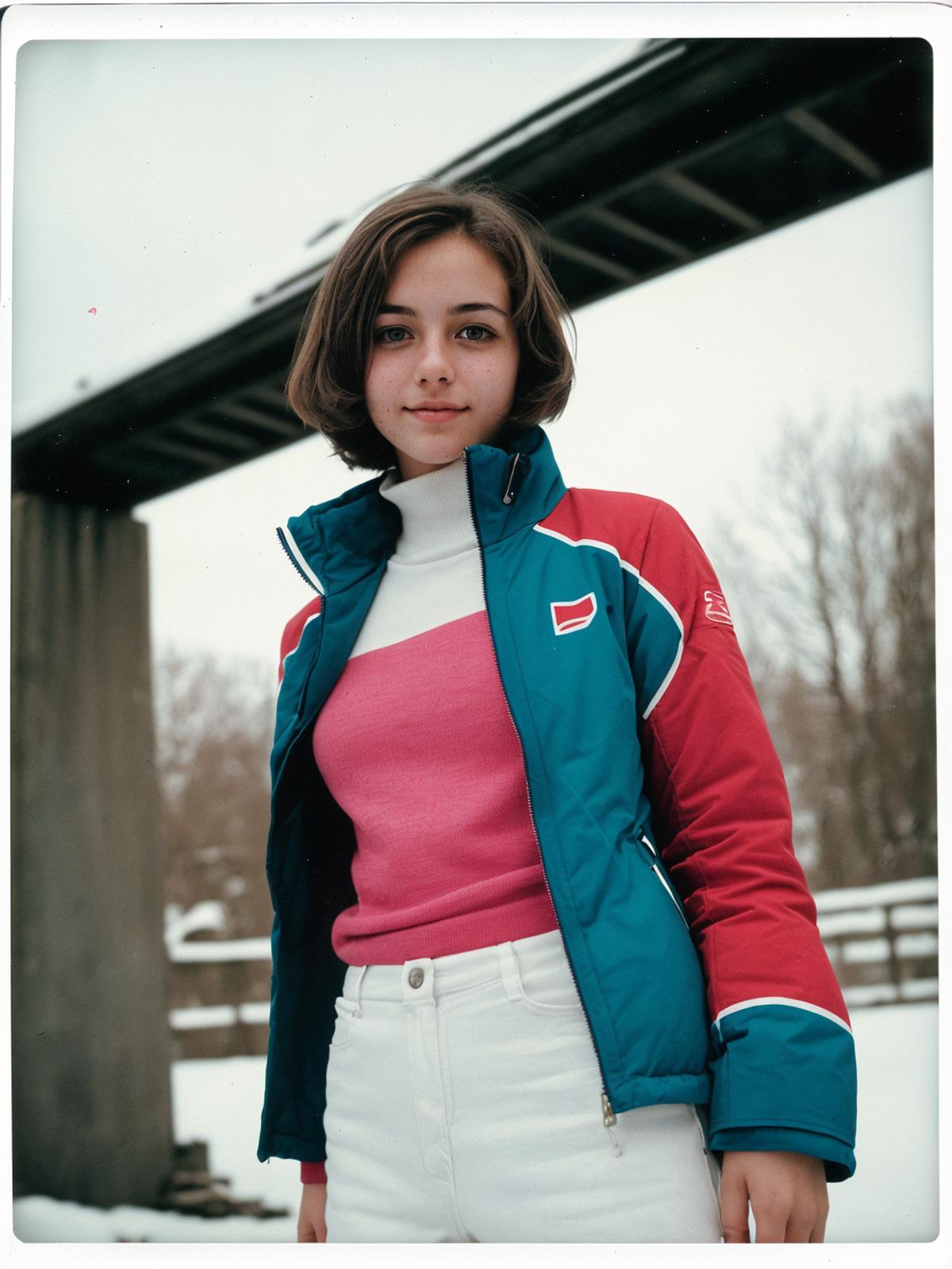 A young woman wearing a blue and red jacket and white pants.