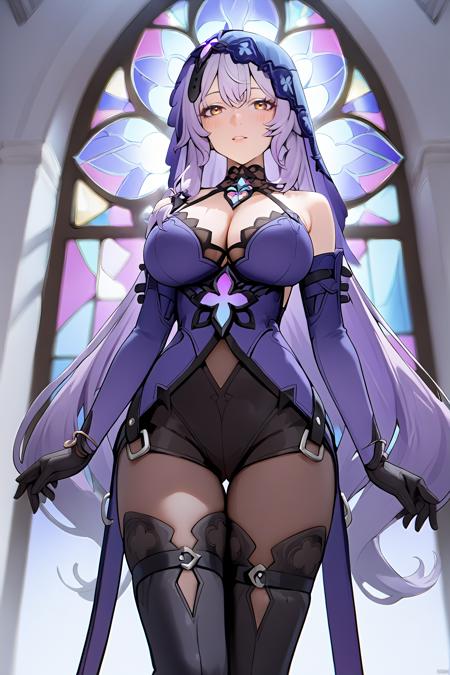 hte,1girl,long hair,boots,purple hair,black gloves,veil,cleavage,pantyhose,large breasts,shorts,yellow eyes,
