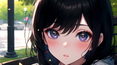 Vanessa_Colgurin, solo, looking at viewer, blush, black hair, masterpiece, high quality, absurdres, park bench, parted lips, depth of field,  <lora:Vanessa_v2-12:0.52><lyco:GoodHands-beta2:1><lyco:GoodHands-beta2:1>