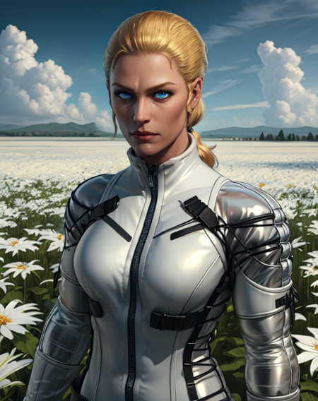 TheBoss,blonde hair,low ponytail,blue eyes,white bodysuit,zipped up,
standing,upper body,
flower field,
(insanely detailed, beautiful detailed face, masterpiece, best quality),<lora:TheBoss-10MGS3:0.8>,