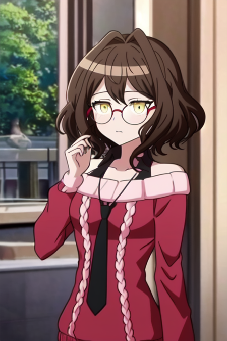 (masterpiece), (best quality:1.4, high quality:1.4, scenery:1.2, anime screencap:1.1), 1girl, solo focus, mitsume kokoro, yellow eyes, brown hair, medium hair, sidelocks, glasses, collarbone, bare shoulder, maroon sweater, long sleeves, black tie, orange tie, black shorts