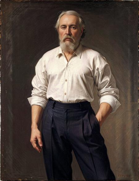 a painting of a man by Crvgg, white hair, old man, beard, mustache, cloth, shirt, pants, full body, looking at viewer, simple background, <lora:caravaggio_resize:1>